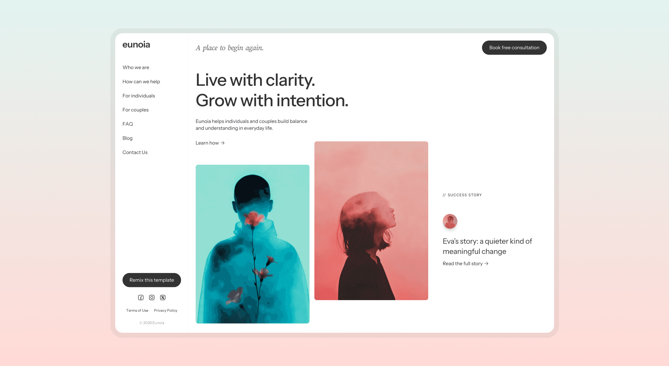 Eunoia free Framer template for therapists and coaches showing a calm wellness website design with soft gradient background and editorial imagery