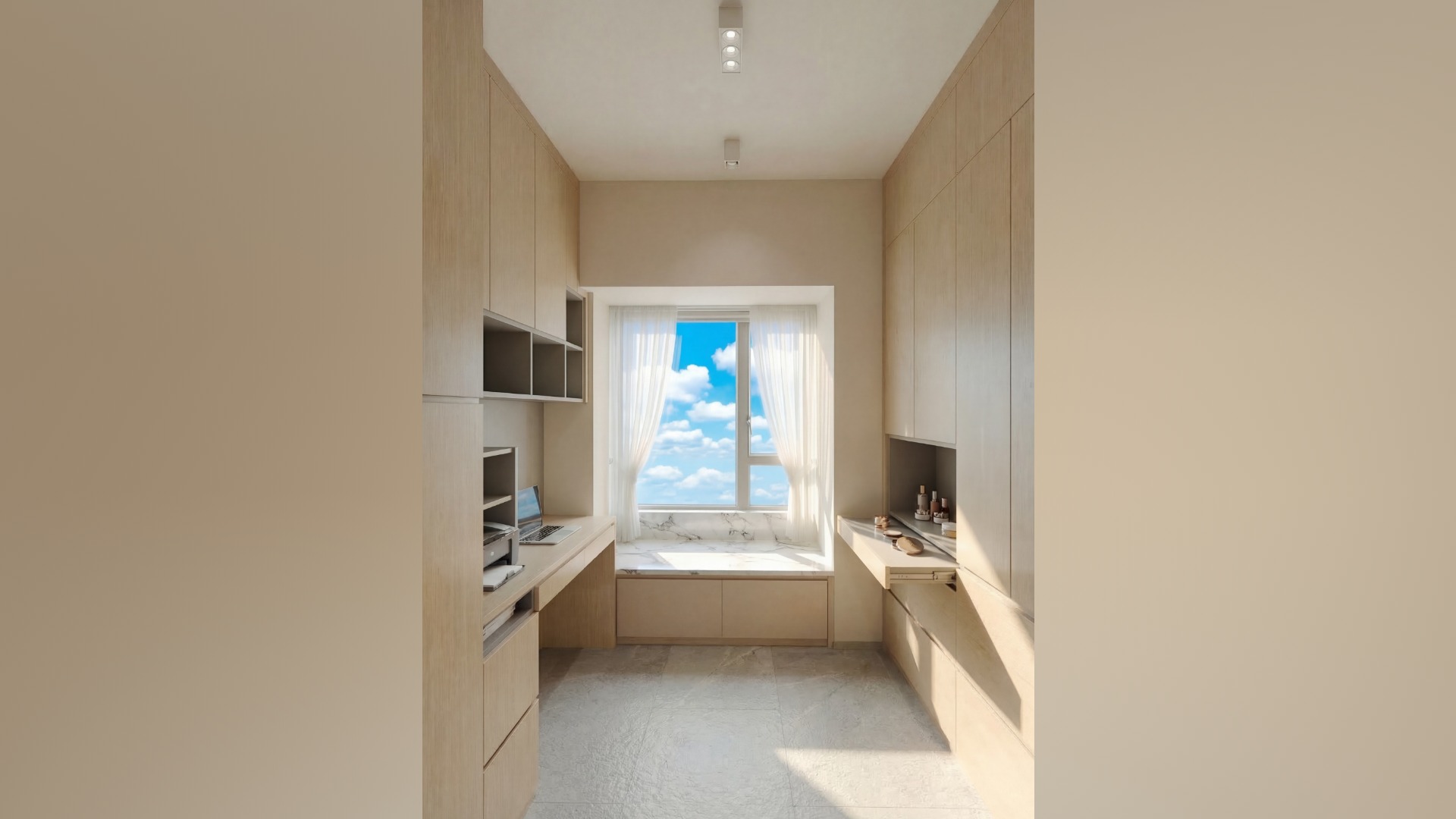 Framed by a clear blue sky view, the symmetrical built-in desk and vanity units in this Waterside Plaza home establish a balanced and harmonious spatial rhythm.