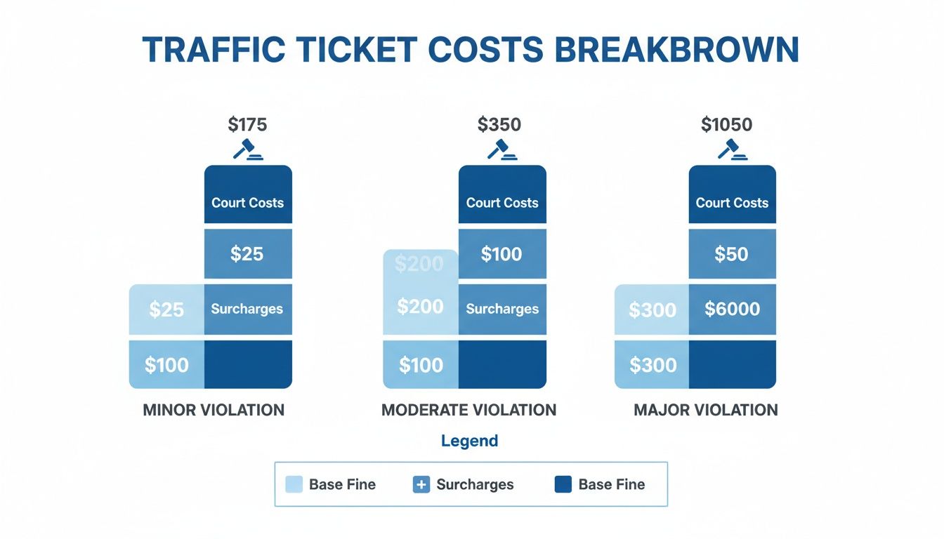 Bar chart illustrating traffic ticket cost breakdown: minor, moderate, and major violations, showing court costs, surcharges, and base fines.