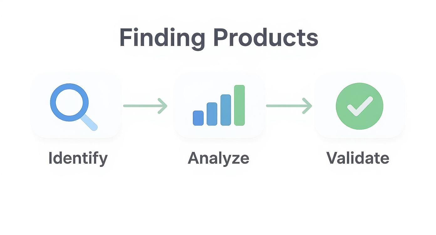 Product research process workflow showing three stages: identify with magnifying glass, analyze with bar chart, validate with checkmark