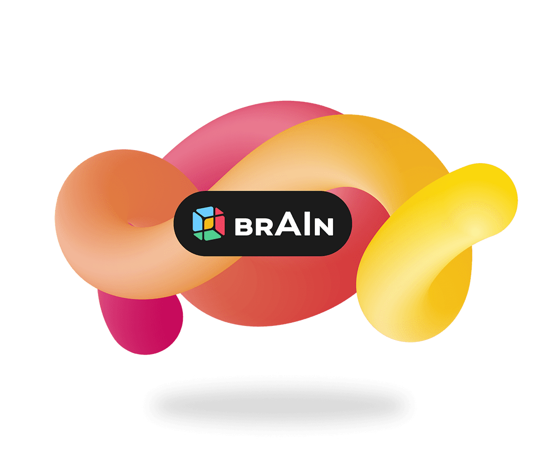 Branding-Visual von BrAIn by Consertis mit abstrakter 3D-Form und Logo als zentrales Markenelement