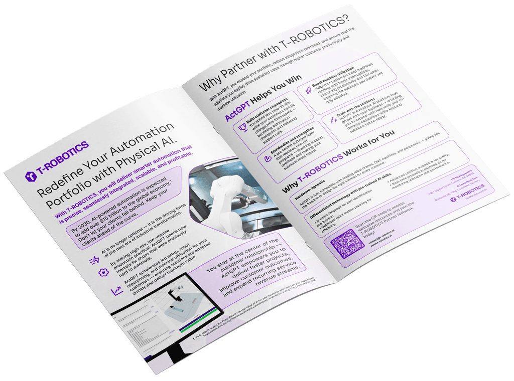An open brochure displaying text and graphics on two pages, featuring a modern design and purple accents.