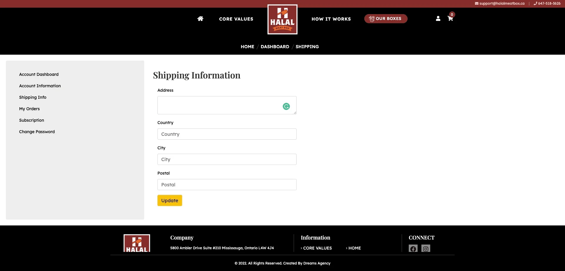 Shipping-Information page for halalmeatbox website developed & designed by Dreams Agency Mississauga, Ontario