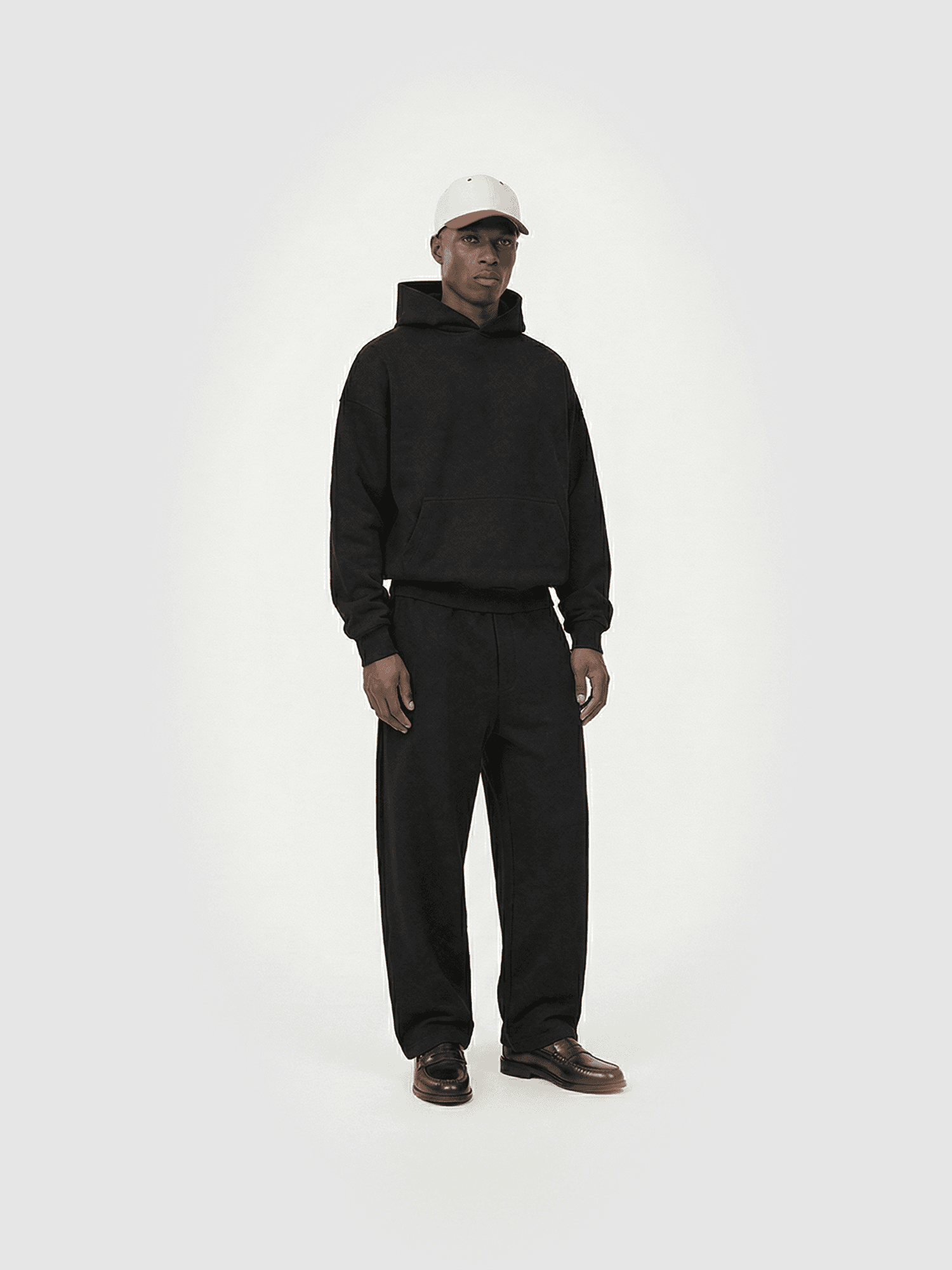 Heavyweight classic crew T-shirt in black — front view on model.