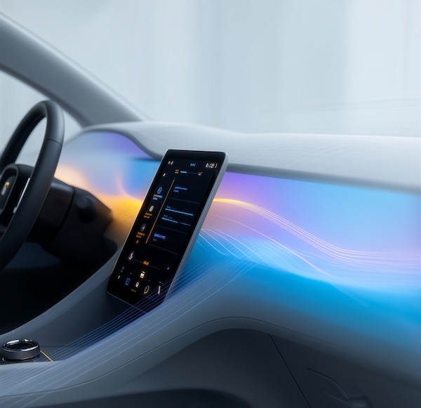 a car dashboard with a cell phone in the center