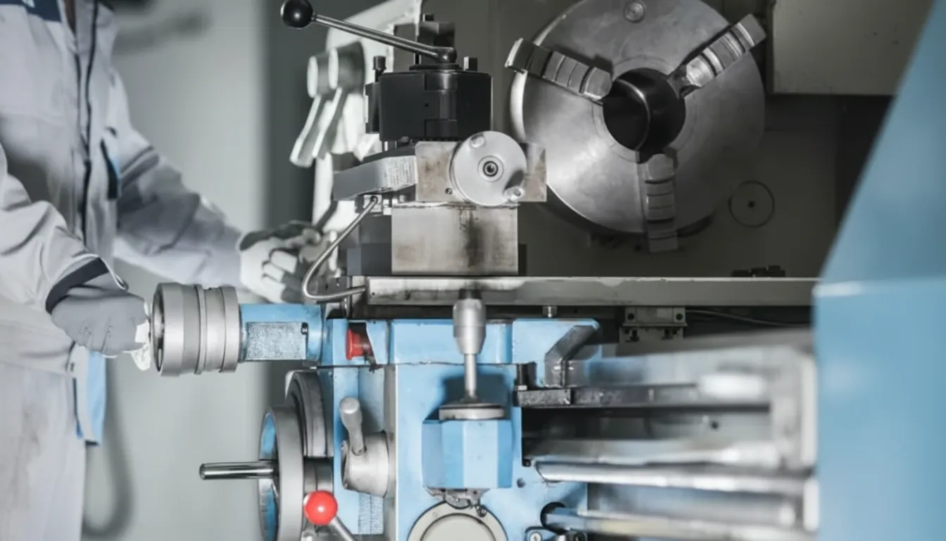 Precision machining of metal components on lathe machine for custom engineering and fabrication work