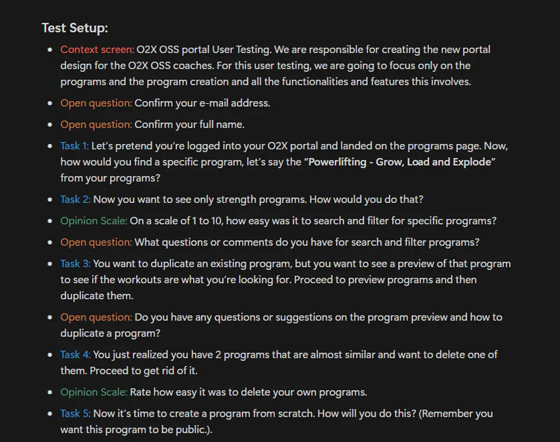 O2X test setup for tasks screen
