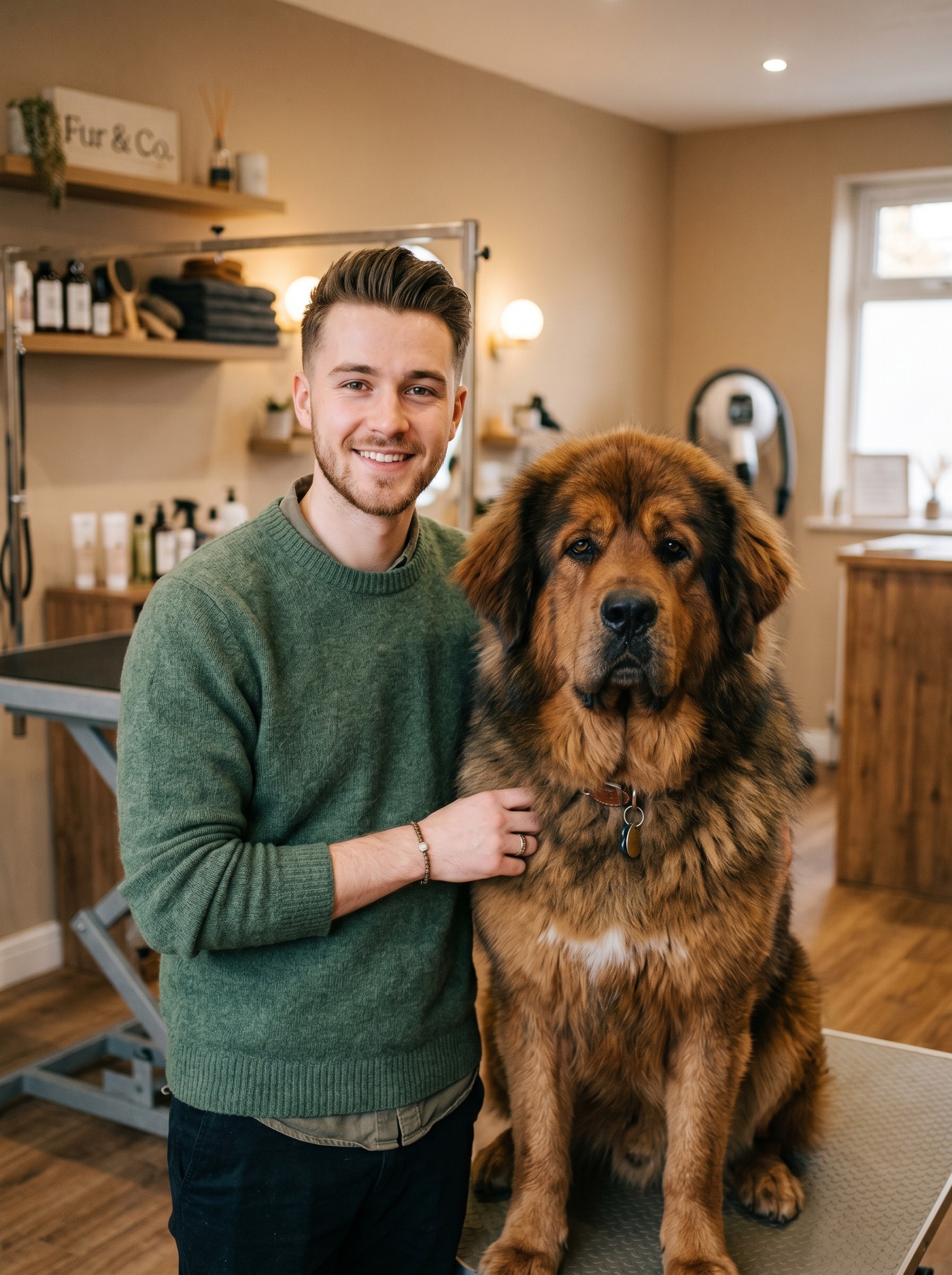 a brown and white dog sitting on top of a white floor