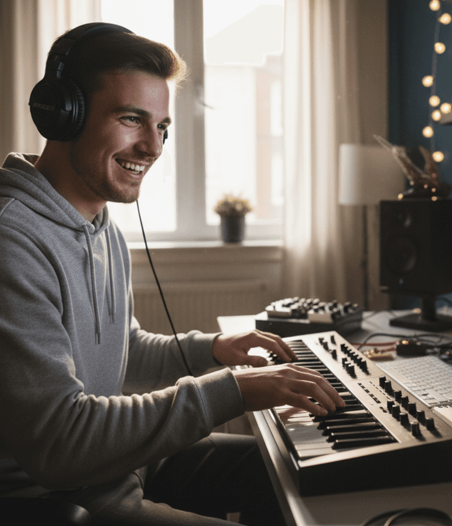 Artist smiling with headphones on, working on music