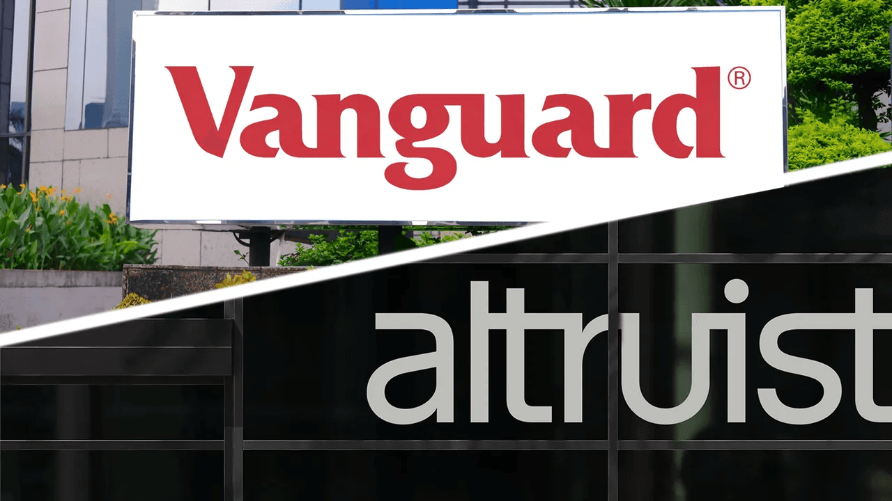 A split graphic featuring the Vanguard logo in red text on a white background on the top left, and the Altruist logo in white text on a black background on the bottom right.
