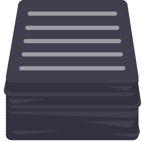 Stack of dark documents with horizontal lines, representing papers.