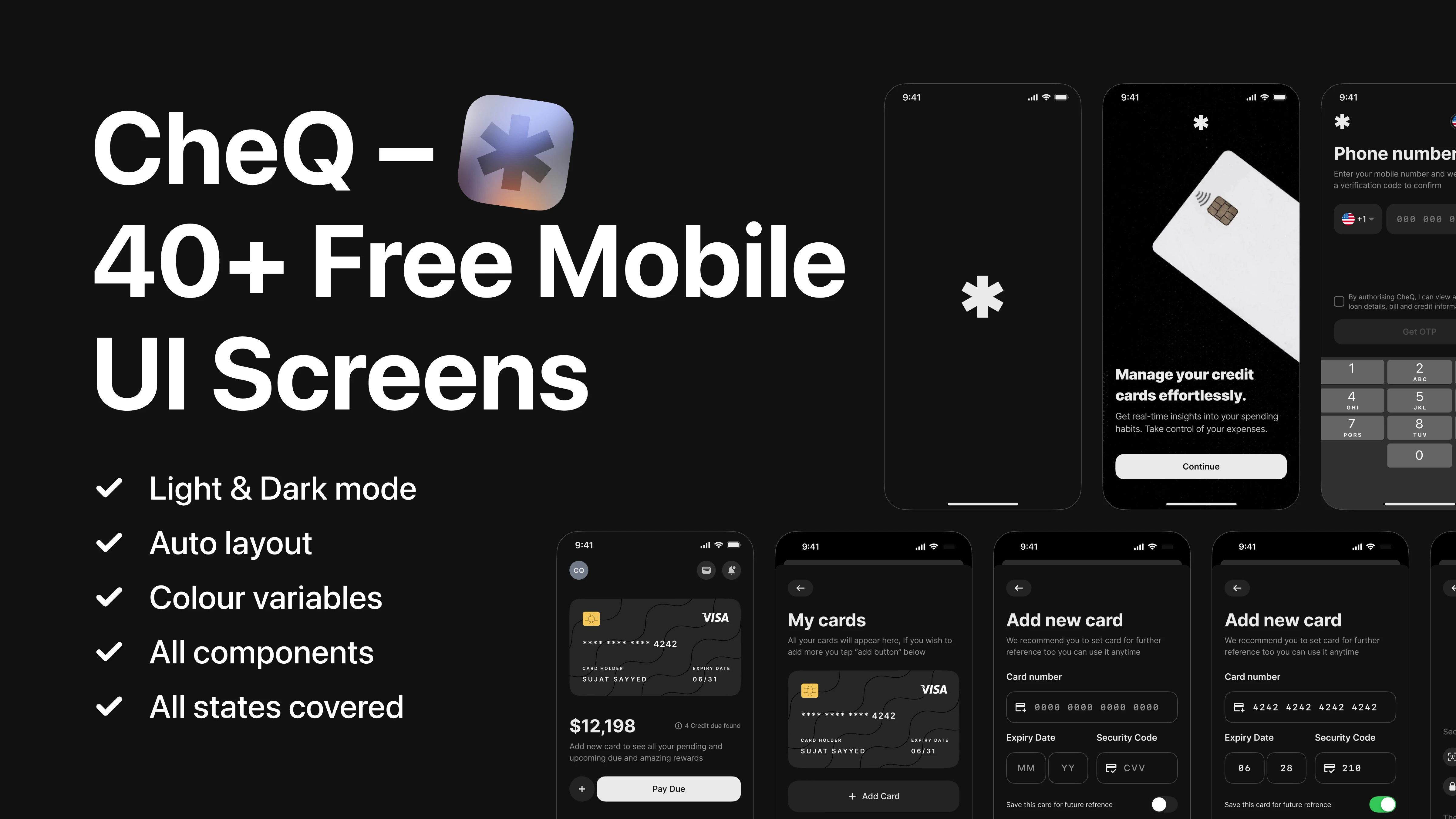 CheQ credit card app UI screens with light and dark mode