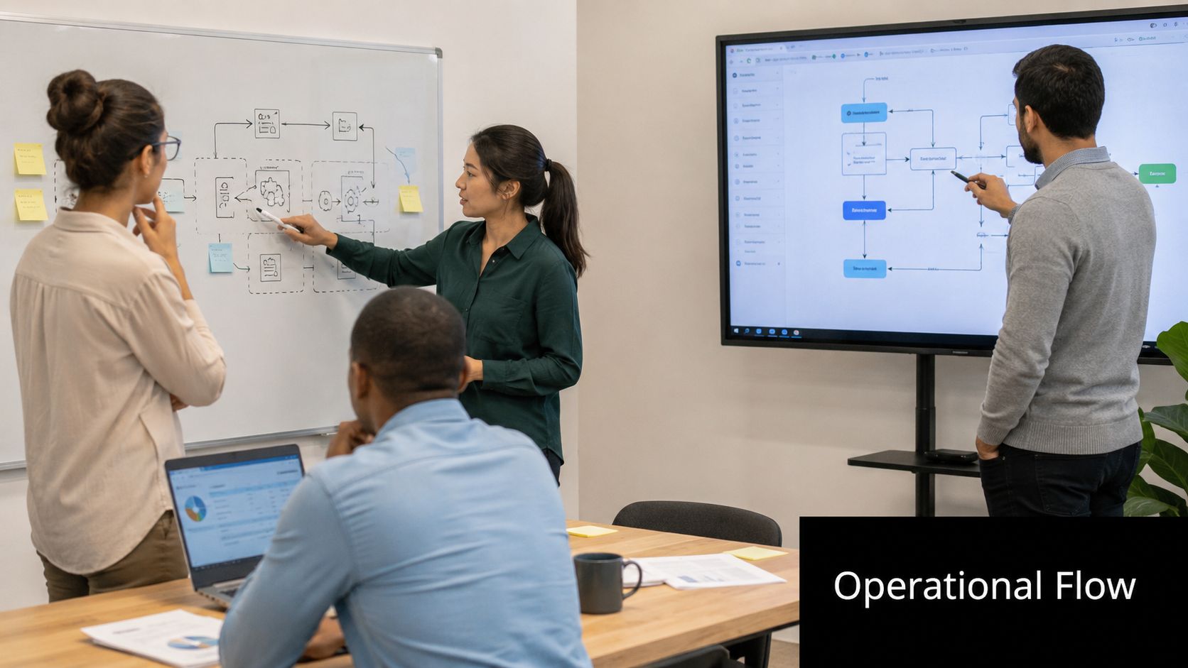 A professional team collaborating on a strategy presentation using a whiteboard and a large digital screen.