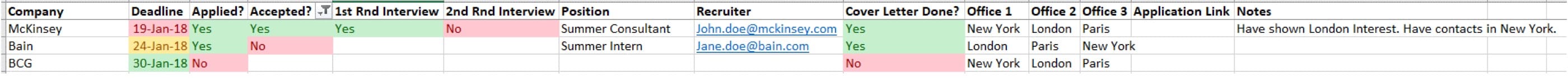Companies application tracking template