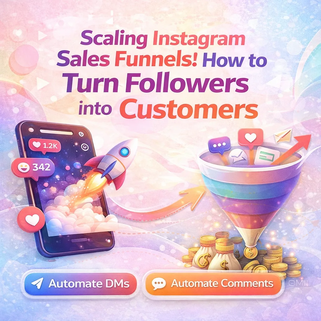 “Blog cover image for ‘Scaling Instagram Sales Funnels: How to Turn Followers into Customers,’ showing a smartphone launching a rocket into a sales funnel with engagement icons, growth arrows, and automation buttons on a light pastel background.”