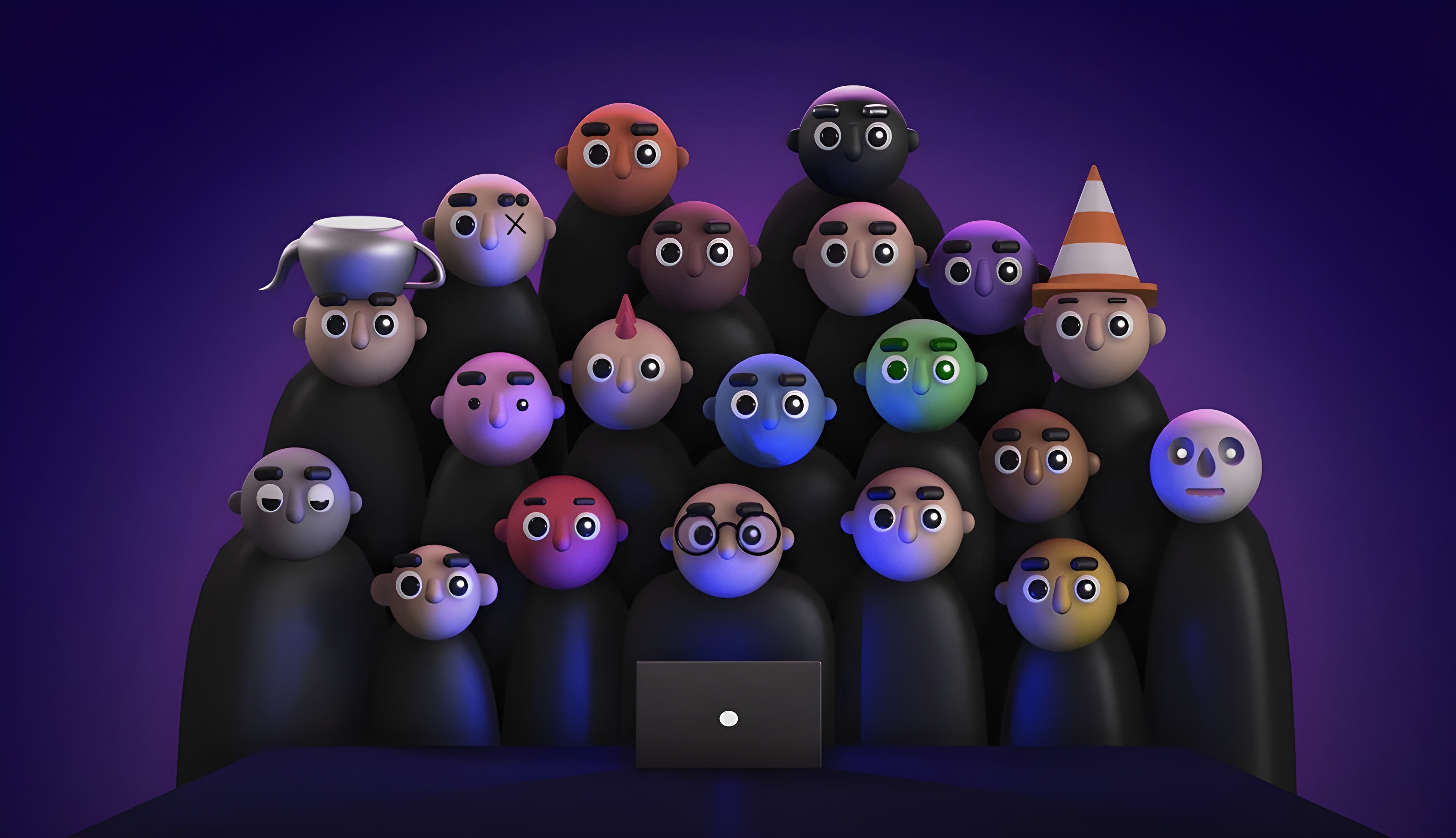 Group of abstract characters with varied faces and hat.