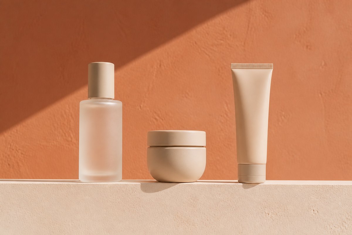 Three unbranded pastel products spaced evenly on a pale retail shelf edge in crisp store light