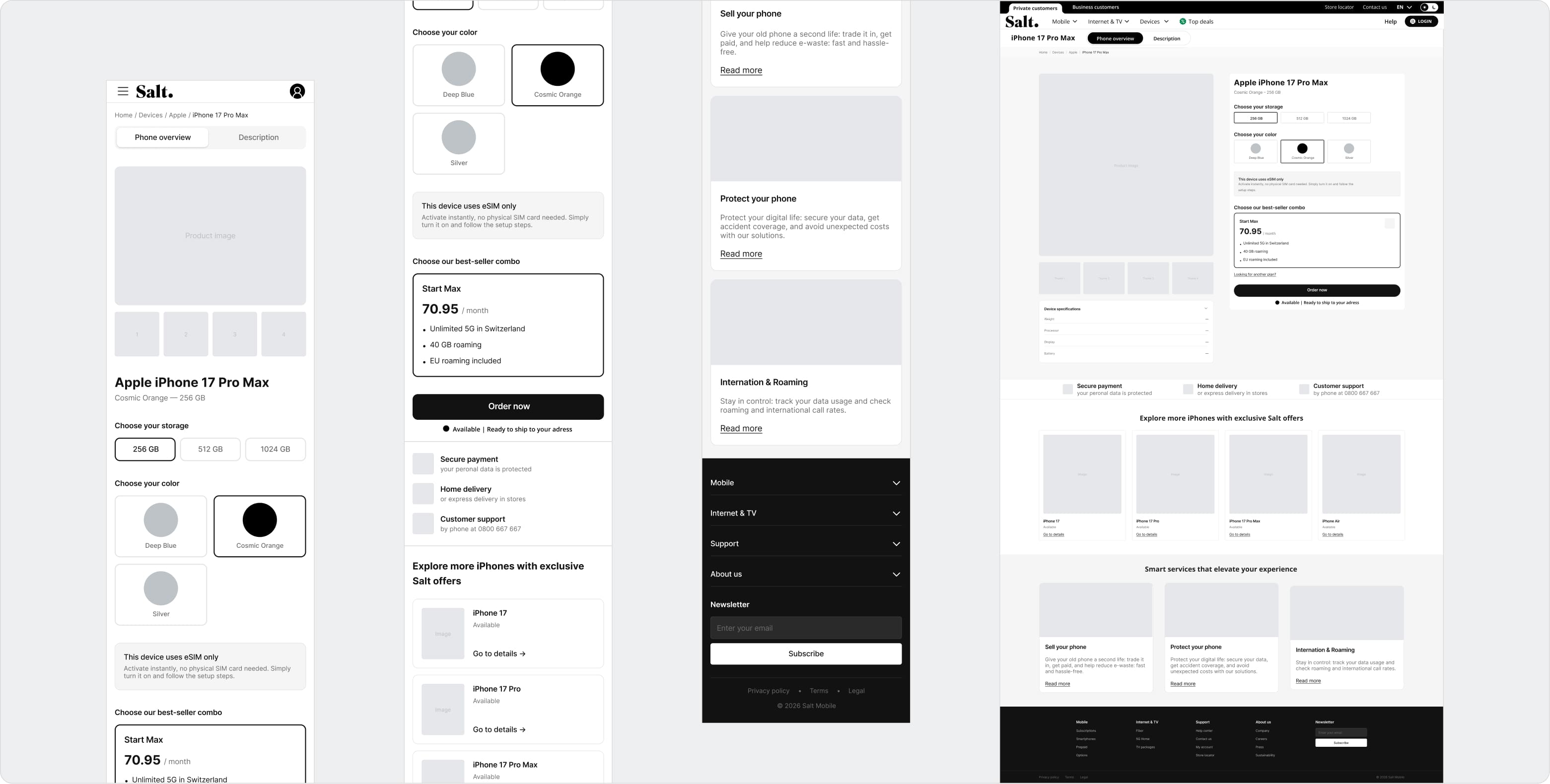 Responsive redesign of Salt Mobile product page showing device selection, plan configuration, and streamlined purchase flow across mobile and desktop.