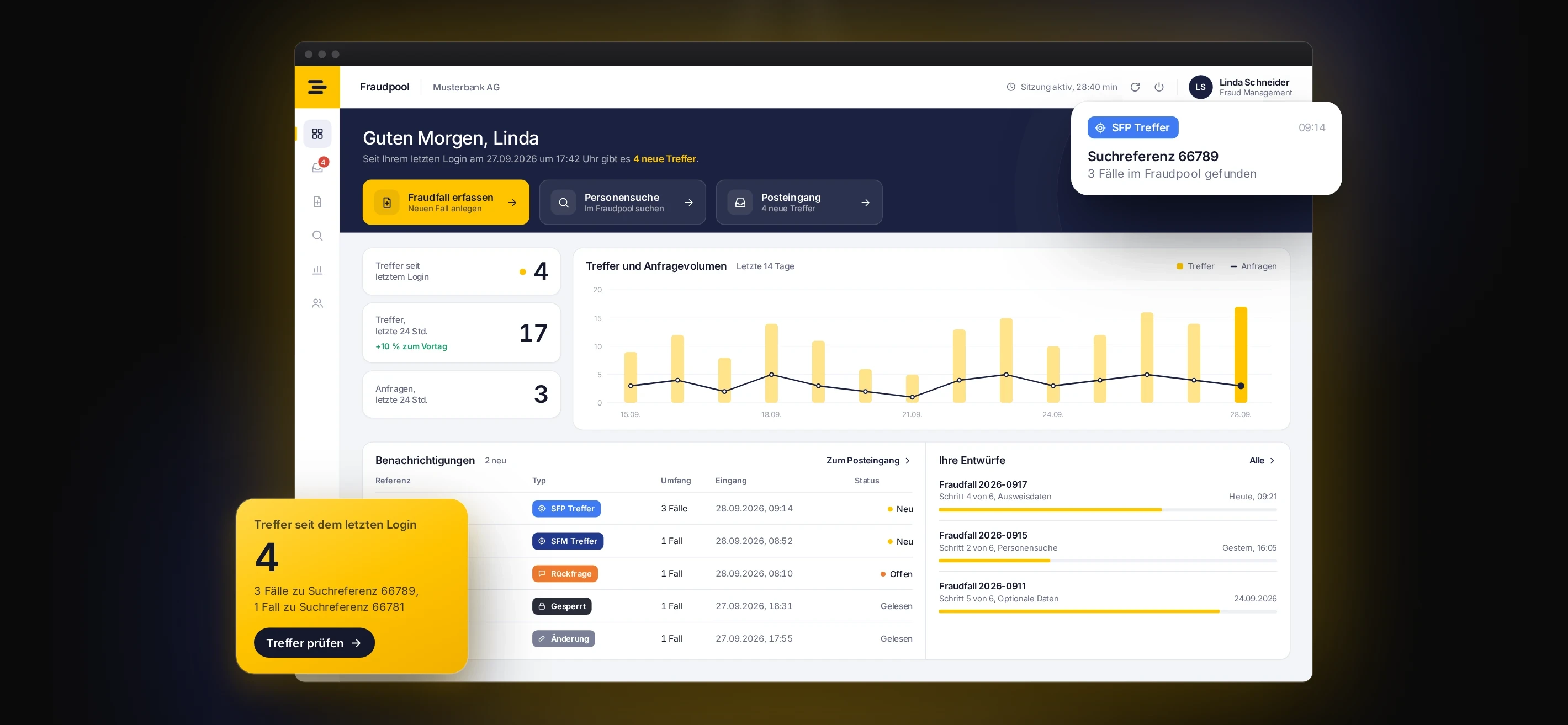 Illustrative interface: Fraud Pool dashboard with new hits since the last login, notifications by type and saved drafts