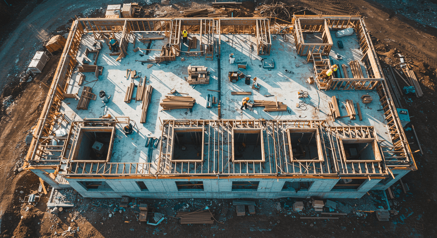 Aerial view of a partially constructed building with visible framing and construction materials scattered around.