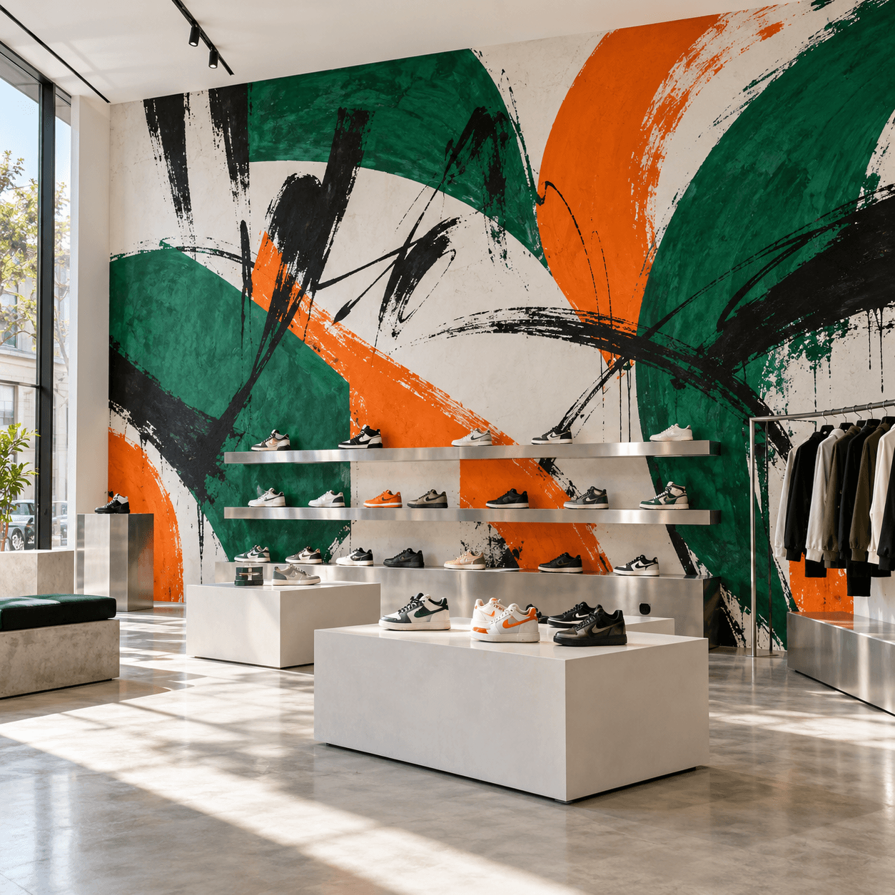 Winkel met muurprint en uitgestalde sneakers — AI-inspiratiebeeld