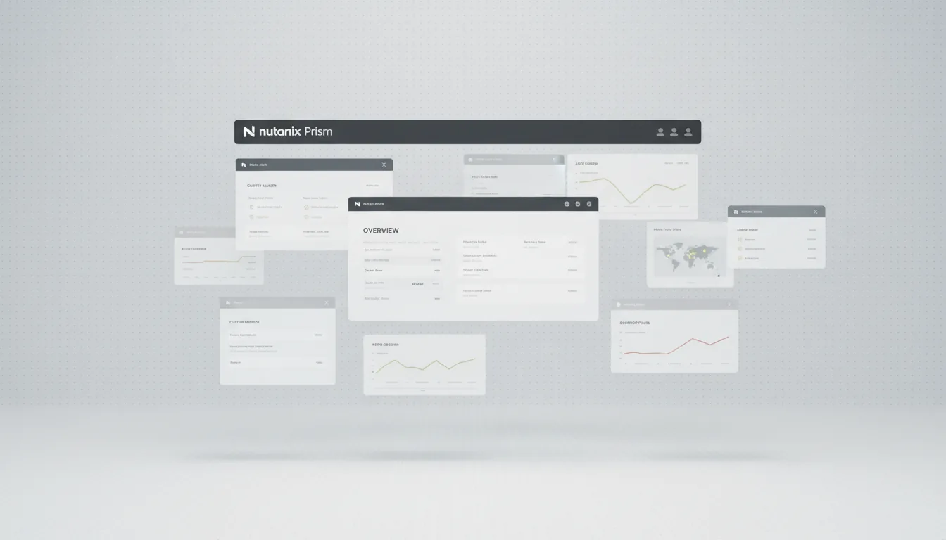 3D render of a deconstructed Nutanix Prism VDI management dashboard, presented as floating UI panels in a 3D perspective. Clean light mode SaaS dashboard style with a dark charcoal top bar. The scene features layered widgets with abstracted text lines, data summaries, and line charts using muted green, yellow, and red accent colors. Soft global illumination casts gentle drop shadows under each panel, all set against a light grey studio backdrop with a subtle dot grid pattern.