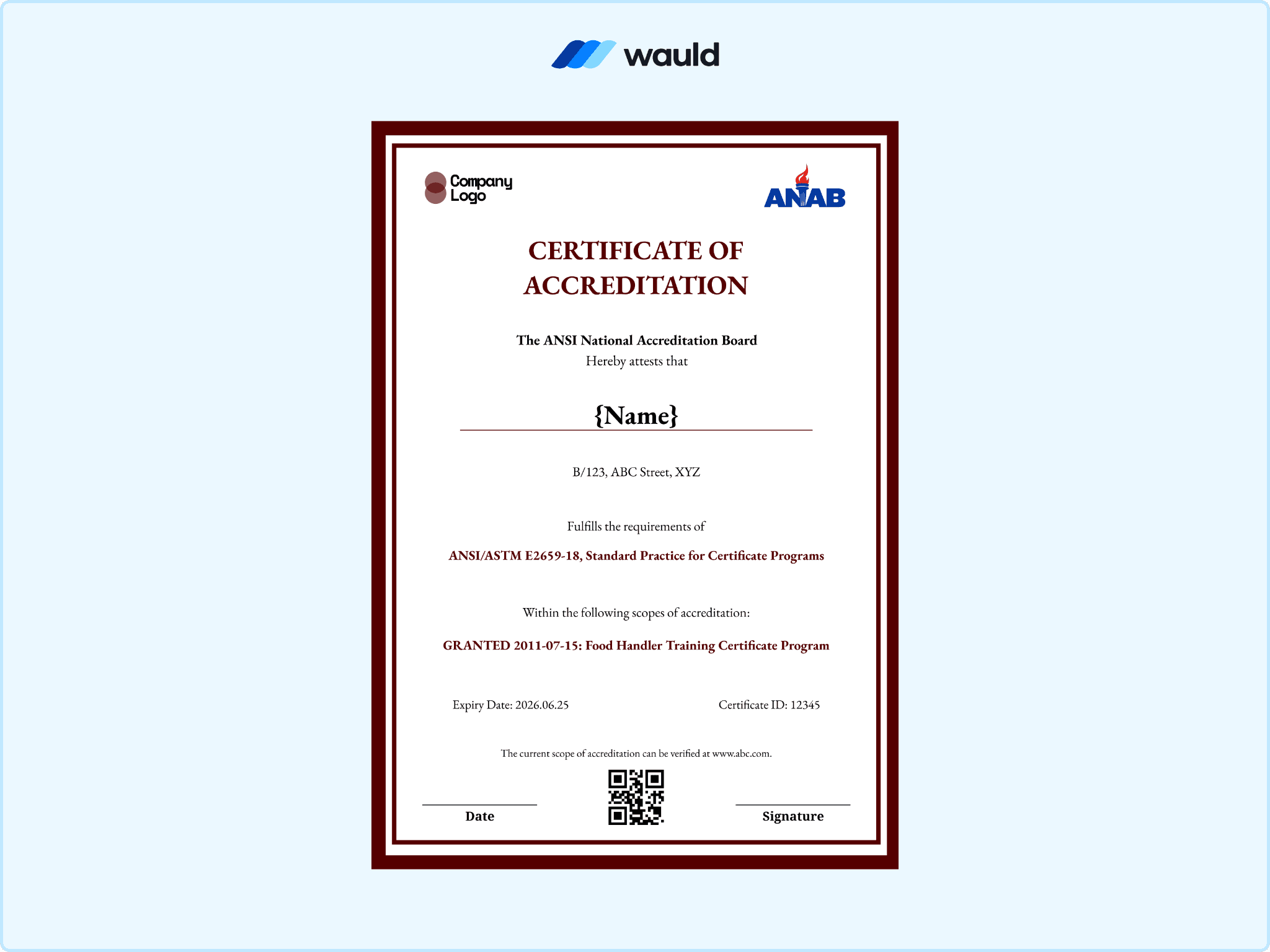 Burgundy bordered certificate of accreditation template with recipient name field, accrediting board details, standard practice reference, granted accreditation scope, certificate ID, expiry date, QR code, and signature line