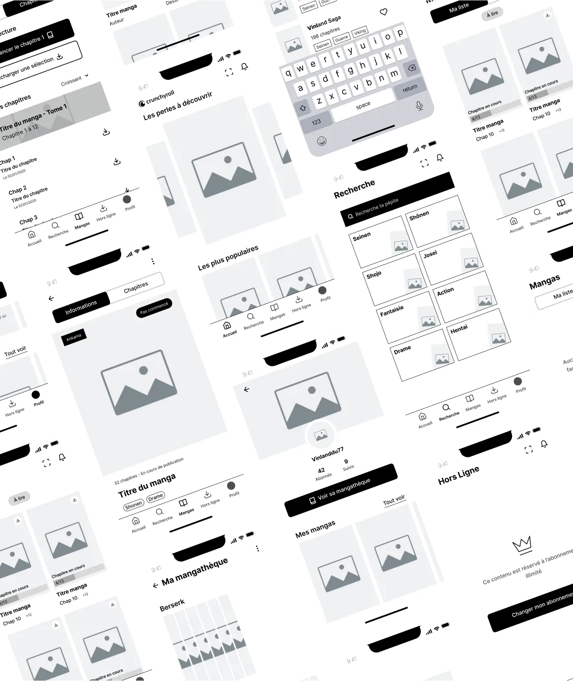 Wireframes de l'application Crunchyroll Manga