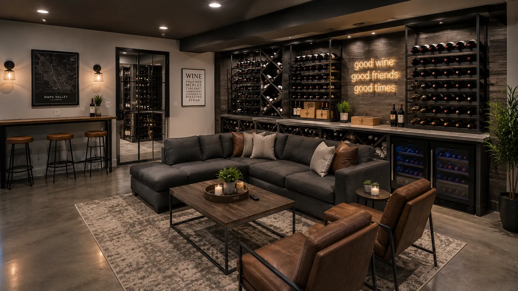 Premium wine lounge basement featuring sectional seating, extensive wine display wall, neon "good wine good friends good times" signage, bar seating, wine cooler, and polished concrete flooring.