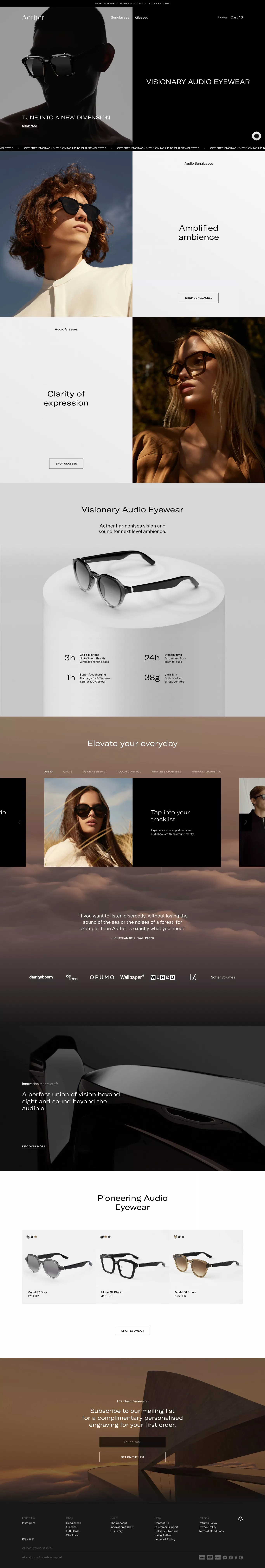 Aether - Visionary Audio Eyewear ecommerce page screenshot showcasing Tech and Fashion design