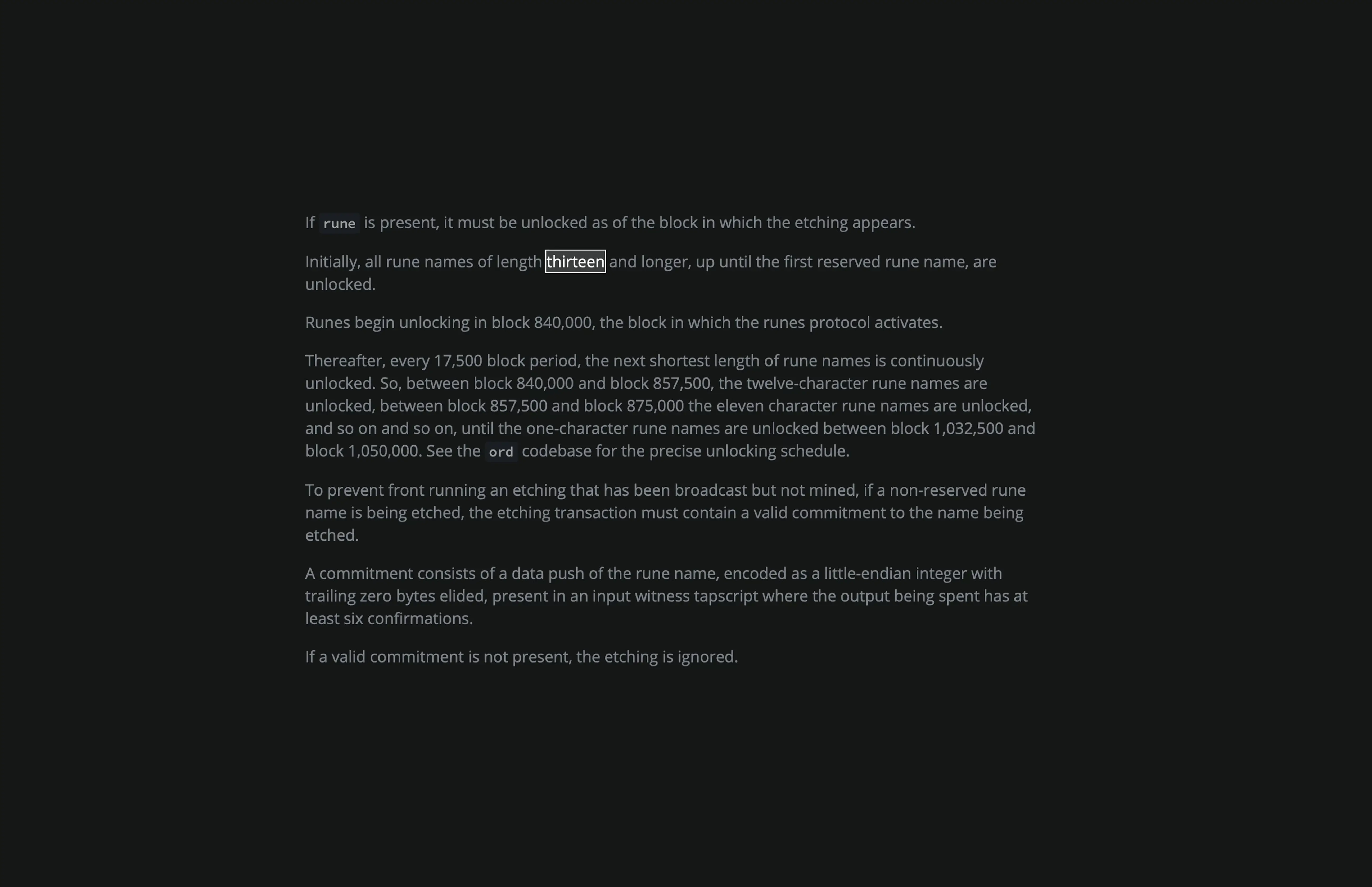 Bitcoin Runes documentation showing how shorter rune names unlock gradually over time, starting with 13+ letters and working down to 1 letter by block 1,050,000.