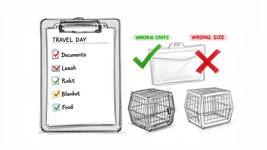 A hand-drawn checklist for pet travel day essentials, showing documents, leash, food, and various pet crates.