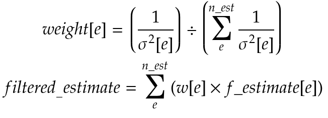 Fusion weight formula: inverse-variance weights normalized across estimators, and the filtered estimate as their weighted sum