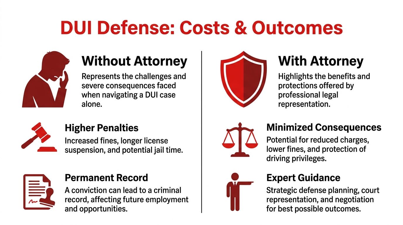 An infographic comparing the risks of self-representation versus the benefits of hiring a DUI defense attorney.