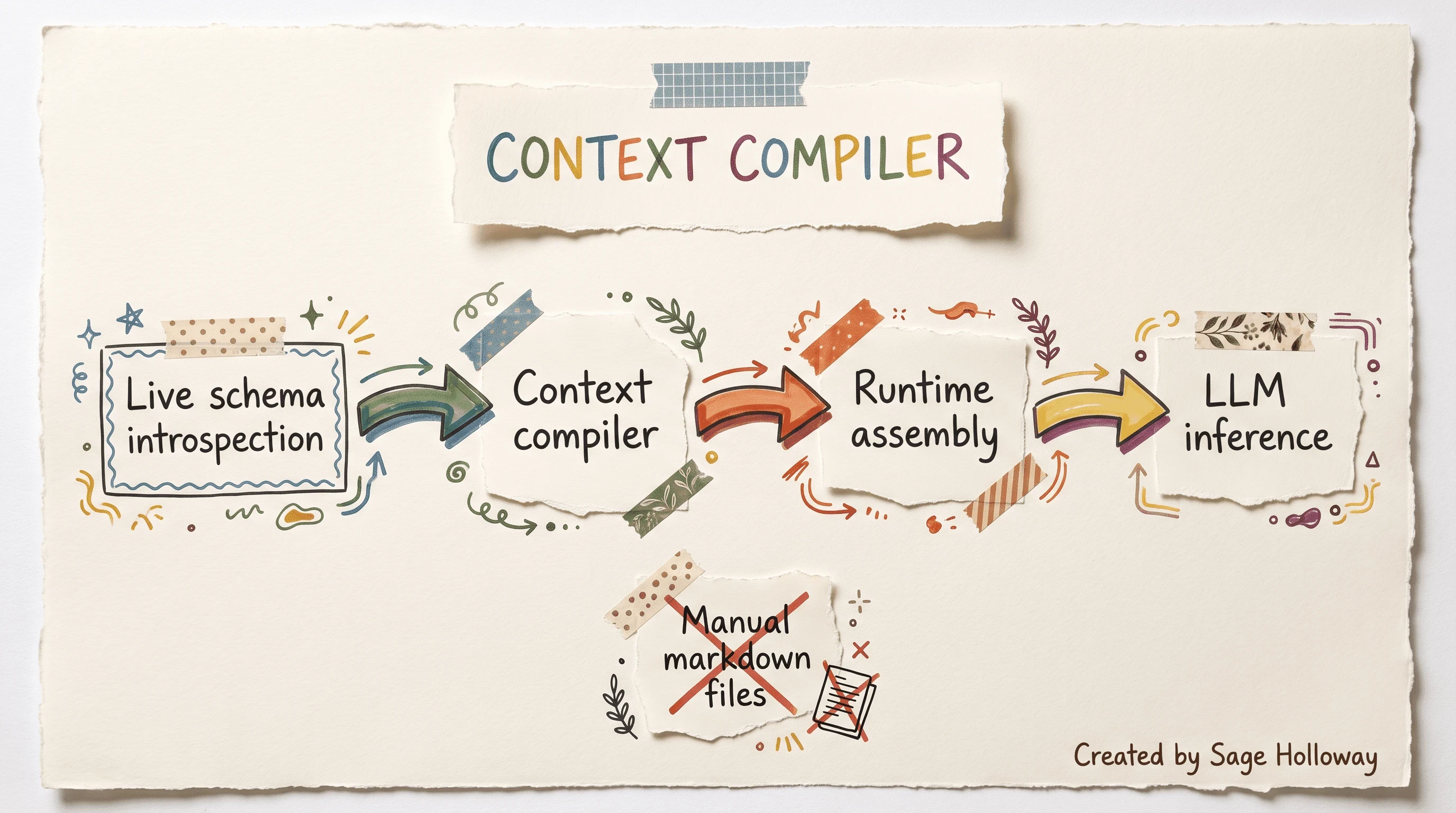 Scrapbook flowchart of a code-driven context compiler introspecting schemas at runtime