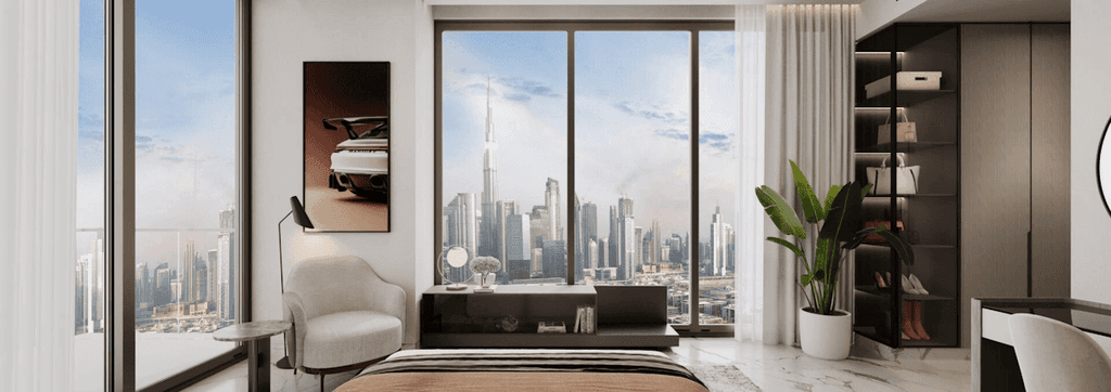  A modern bedroom in Mansory Residences featuring a panoramic view of the city skyline through large windows.