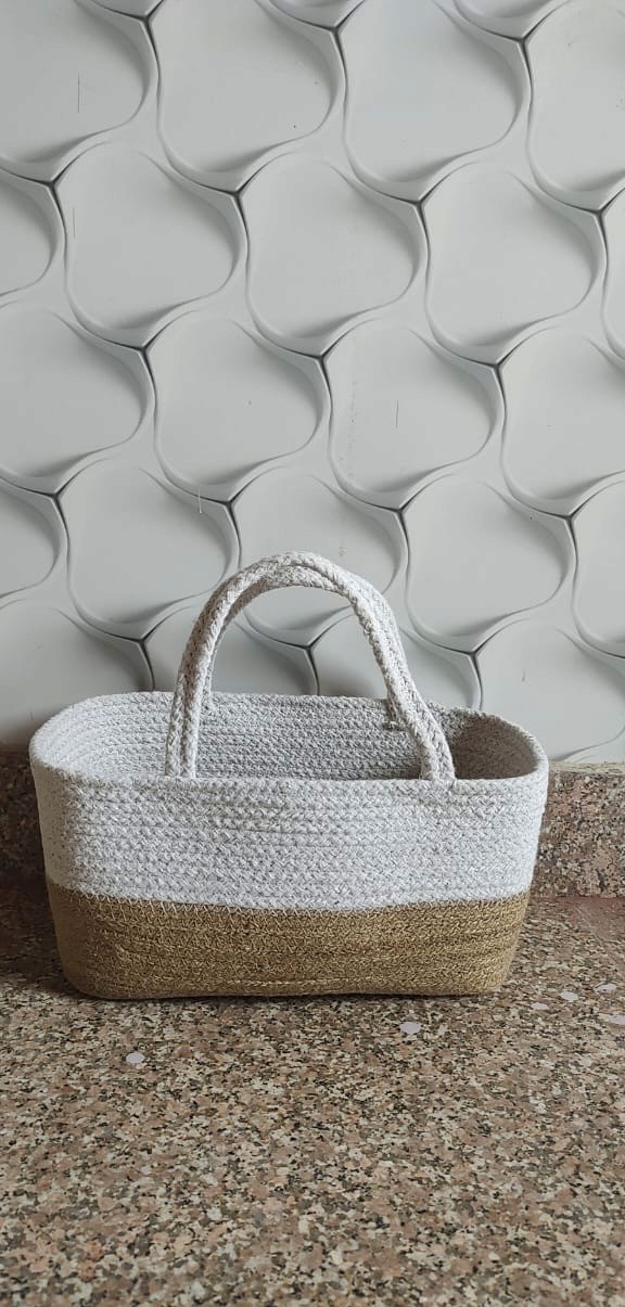 Handcrafted two-tone jute storage tote with handles