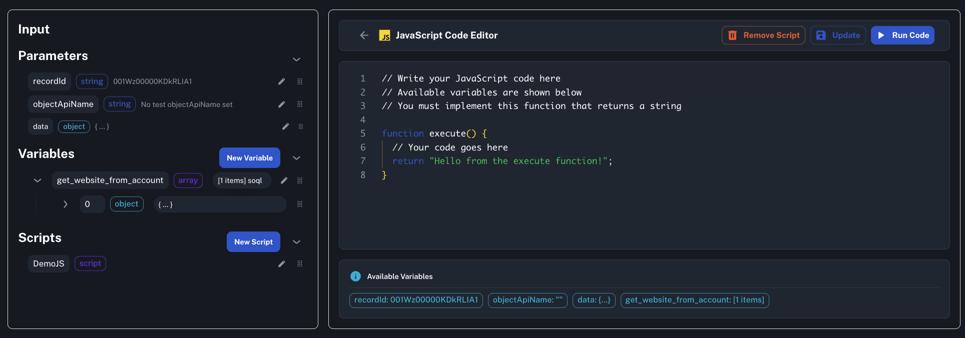 Input parameters and JavaScript Code Editor Open in Prompt Builder