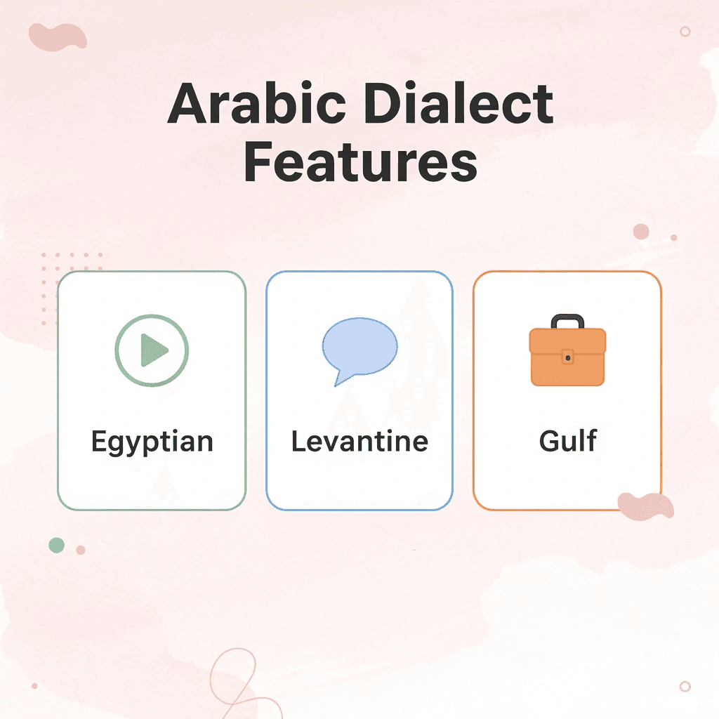 Infographic showing three Arabic dialect options with their key features