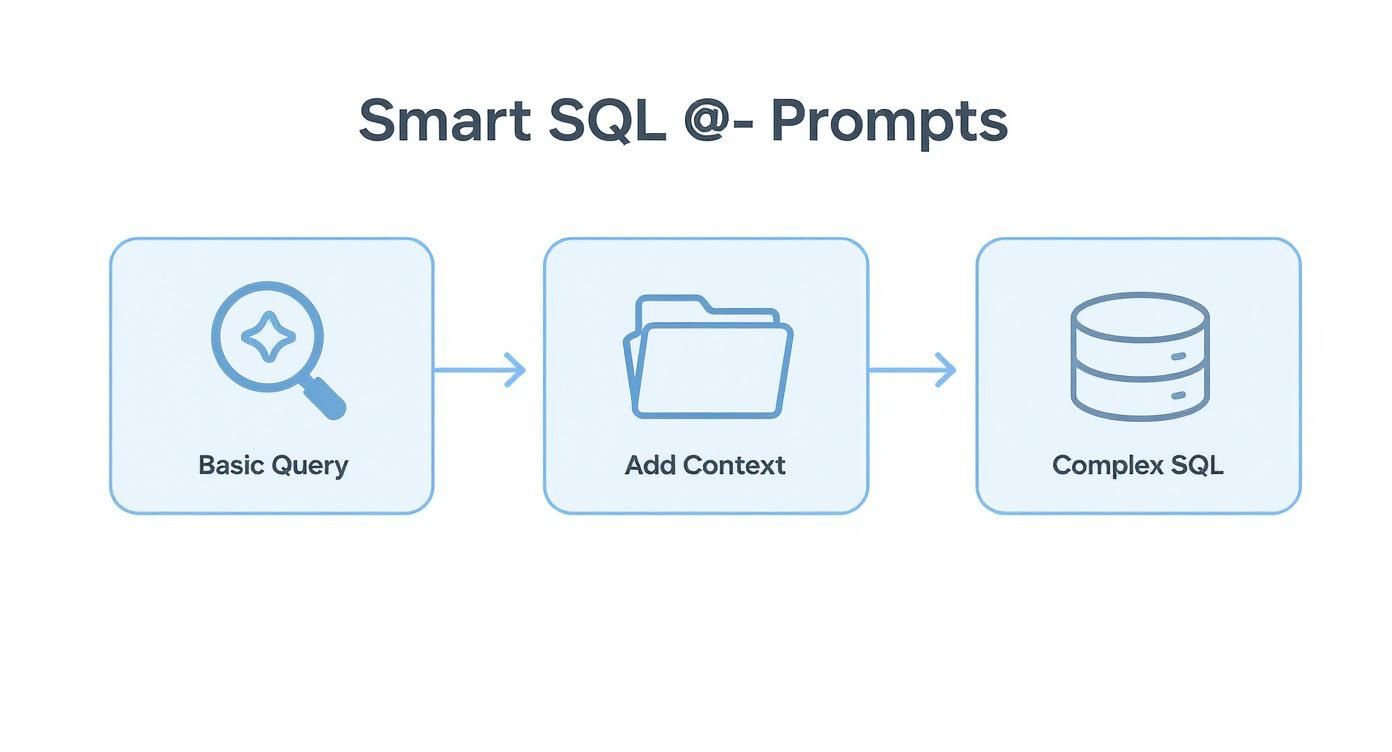 Workflow diagram showing three steps: basic query, add context, and complex SQL generation process