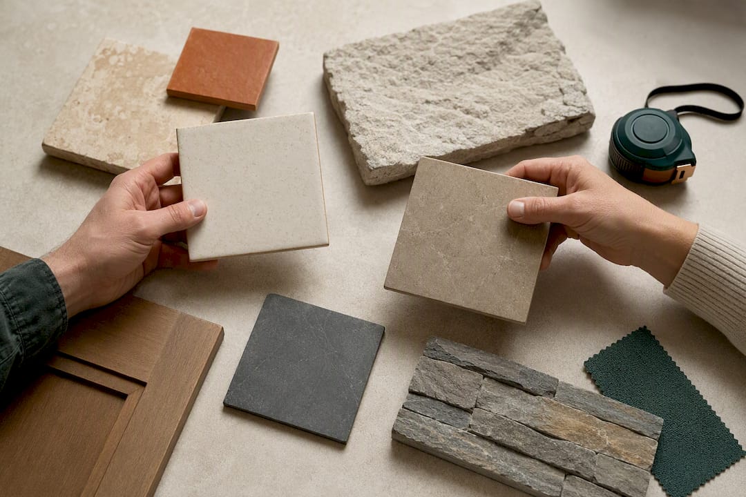 Tile and stone samples compared in showroom