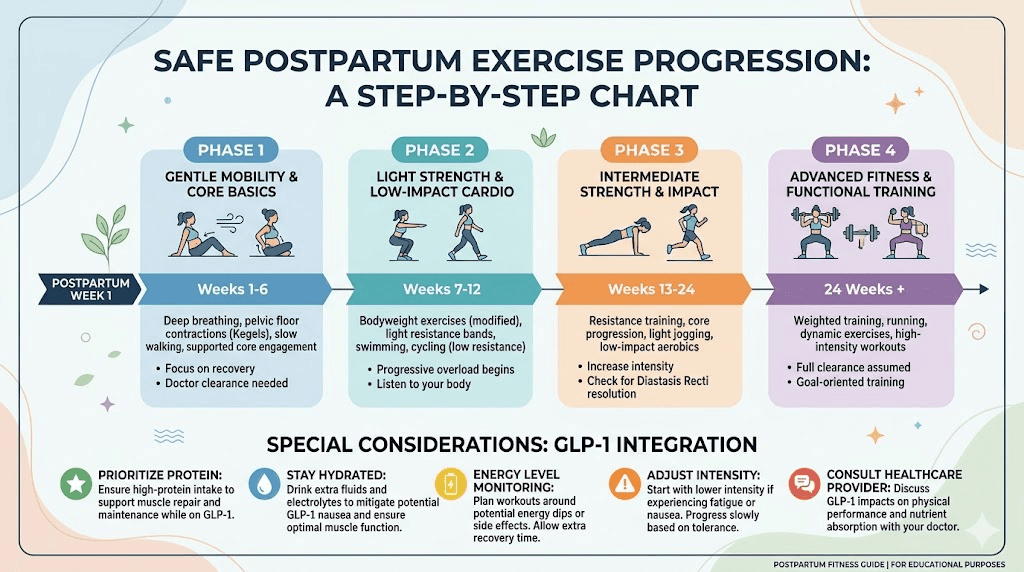 Postpartum exercise progression timeline showing safe return to activity while on GLP-1 medications after pregnancy