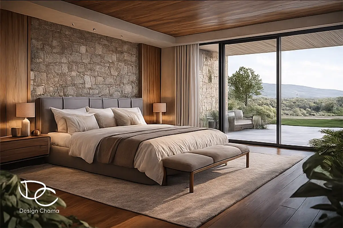 Master κρεβατοκάμαρα με πέτρινο τοίχο, ξύλο και μεγάλες υαλοστάσεις με θέα στη φύση.