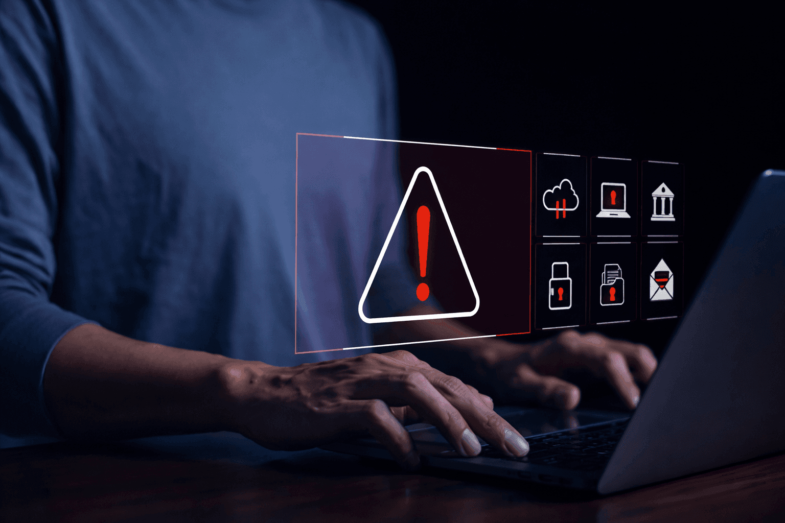 Person using a laptop with a glowing red warning sign and security icons, representing a data breach or system alert.
