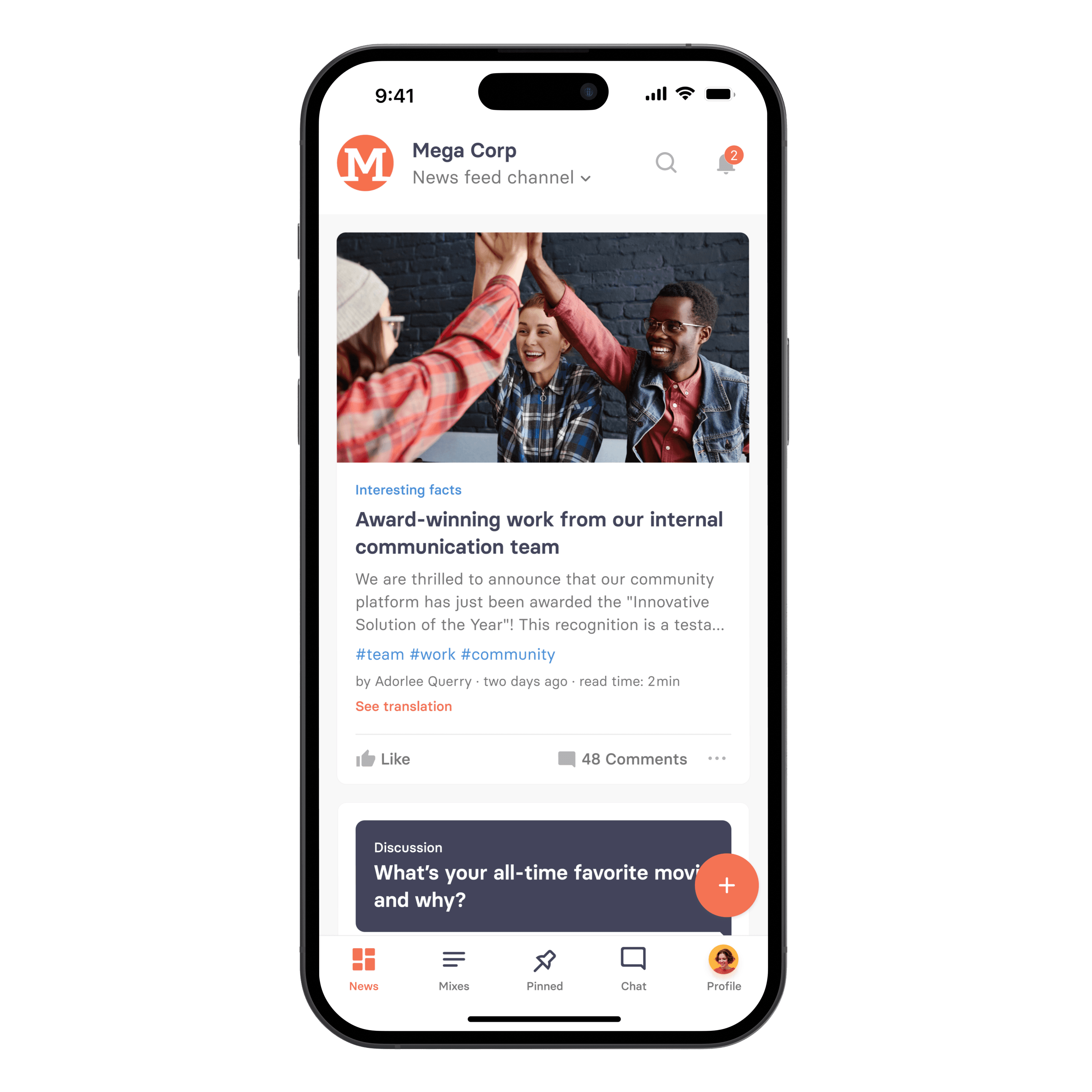 Mobile interface of tchop™ showcasing an internal communication news feed with community-driven content. The platform highlights employee achievements and encourages engagement through likes, comments, and real-time discussions, tailored for seamless communication and collaboration.