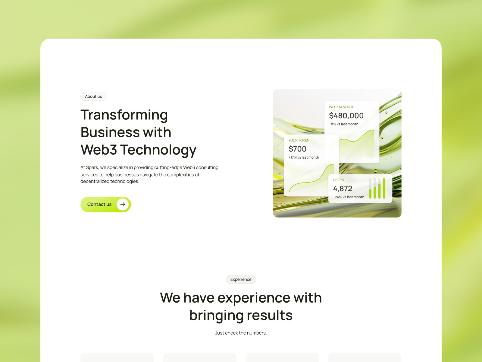 Spark about section showcasing company metrics and statistics