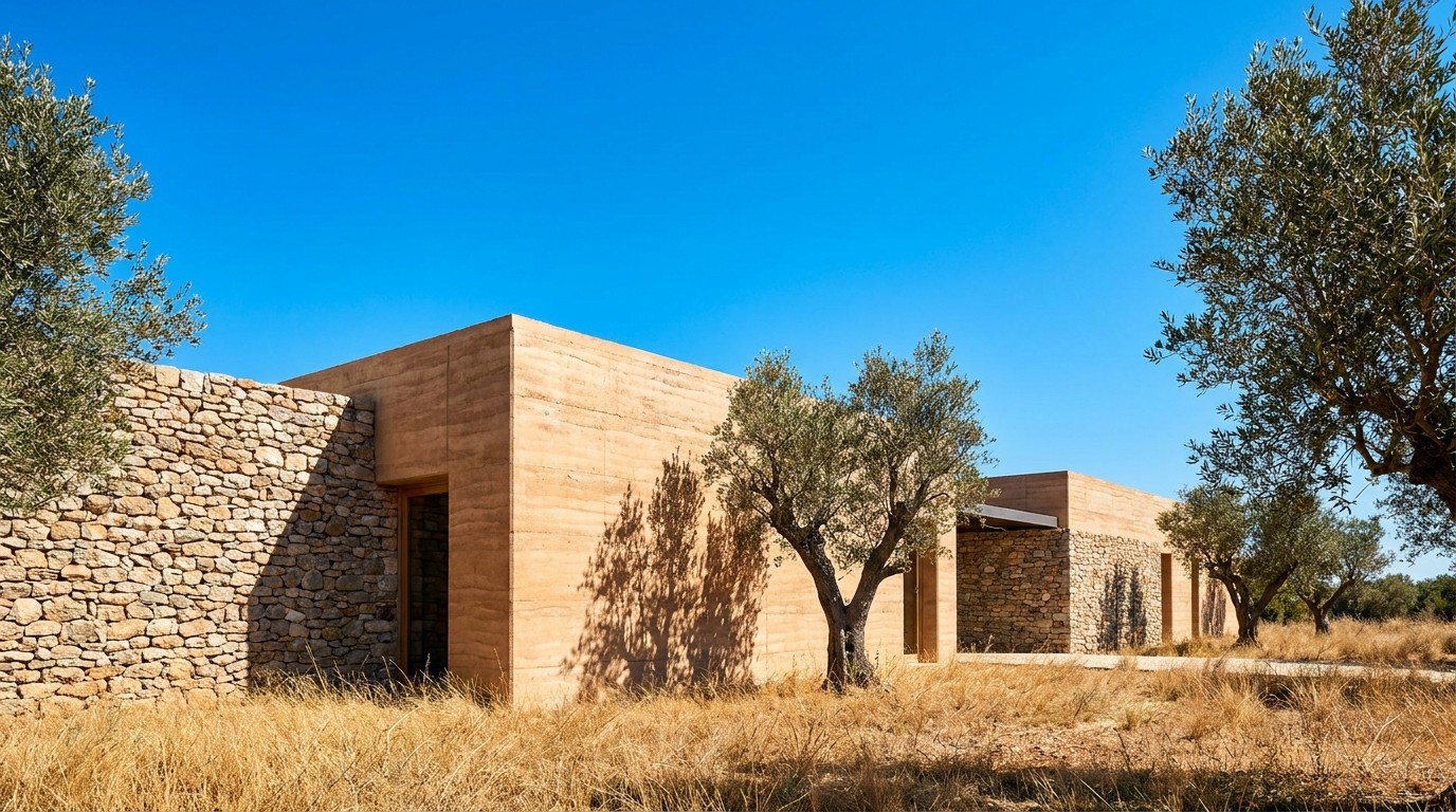 Exterior view of Refúgio do Vento, a minimalist boutique hotel blending ancient rough stone walls with modern rammed earth structures in a sunlit, golden landscape.
