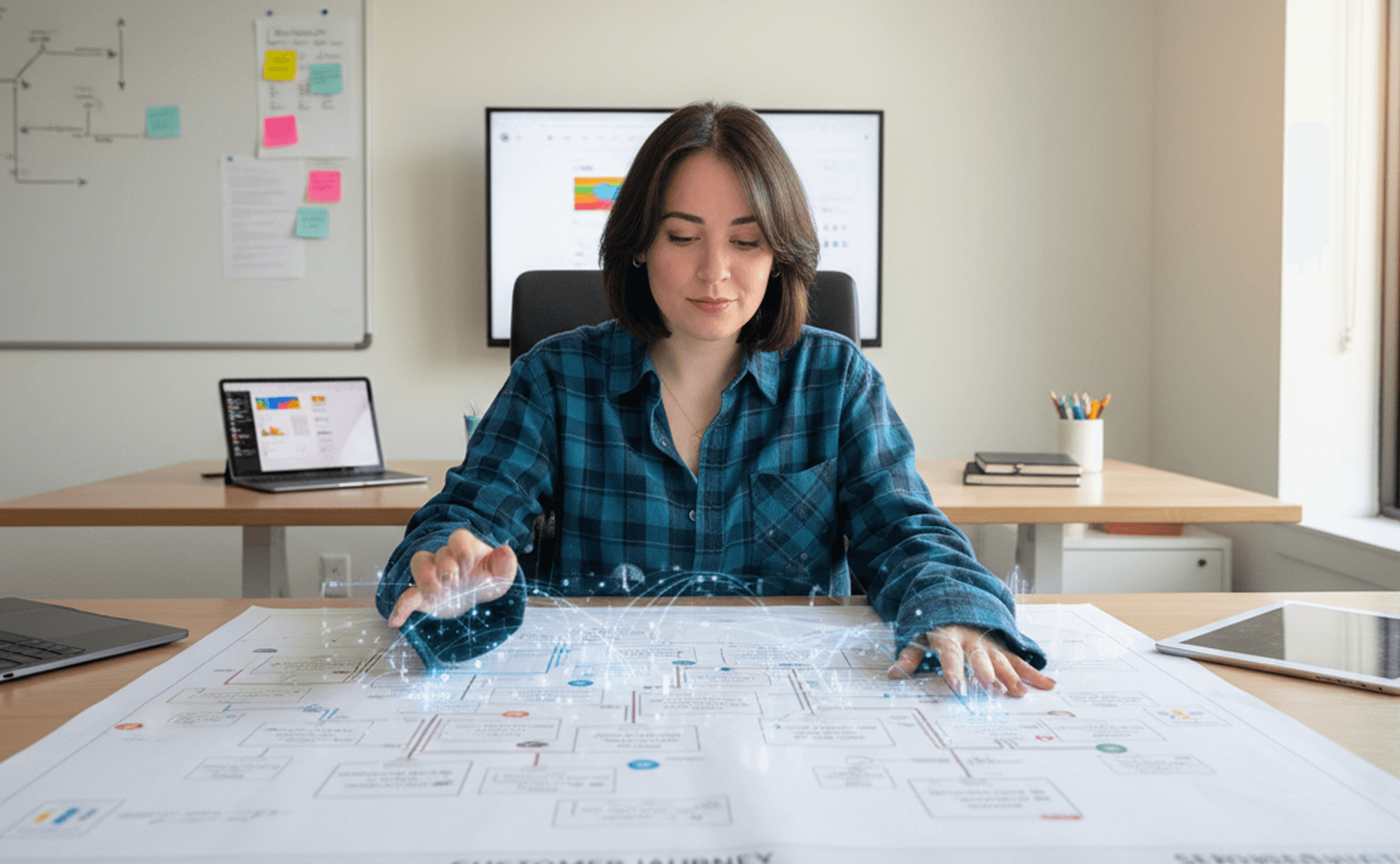 Hannah, a woman with short dark brown hair, is sitting at a table with a paper print out of a customer journey, she looks as though she is sprinkling glowing lights across the journey.
