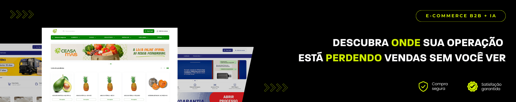 Banner horizontal com fundo escuro, ícones de segurança e satisfação, e imagens de lojas B2B exibidas à esquerda. Elementos gráficos em verde destacam o tema de e-commerce B2B com IA.