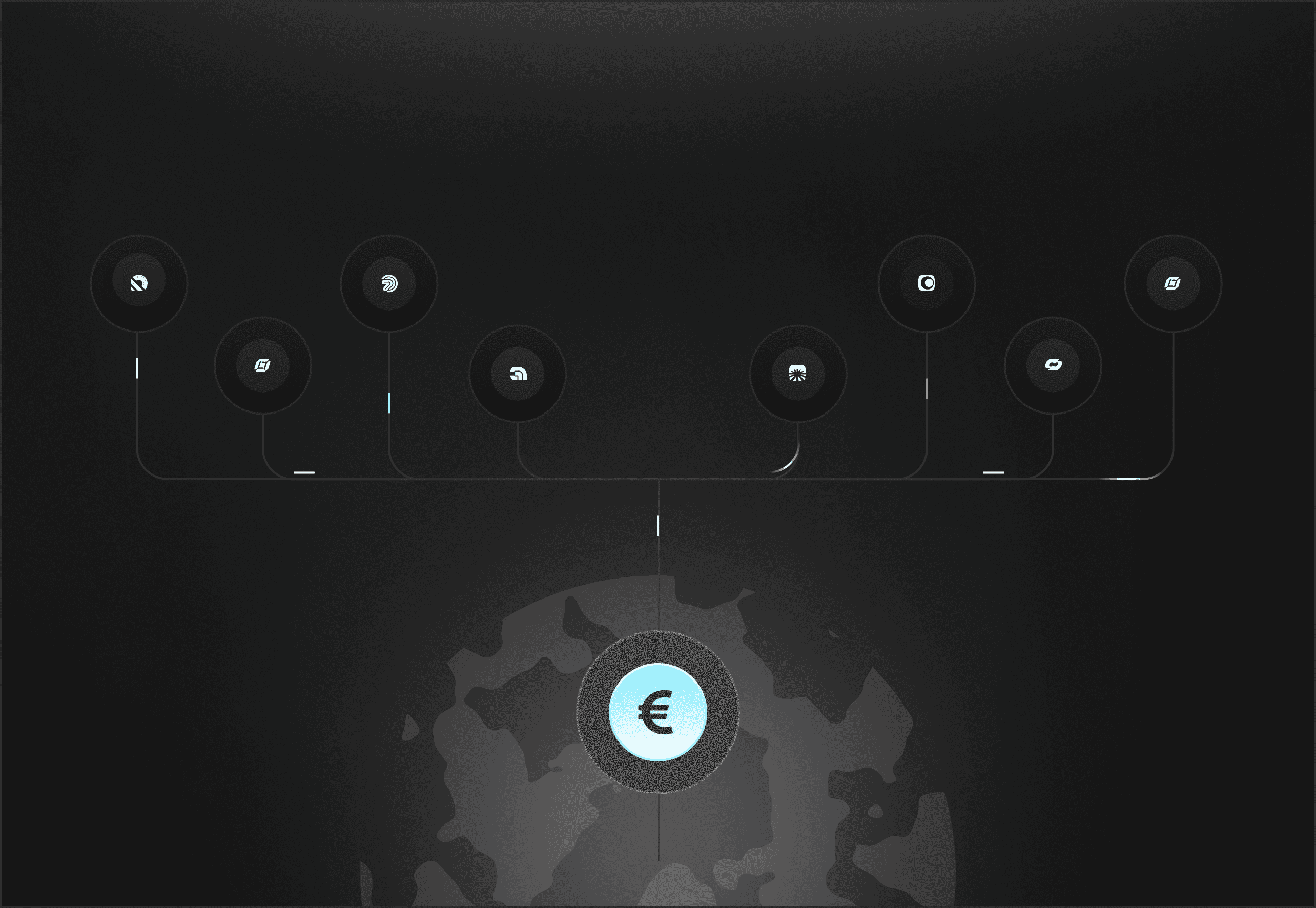 Crypto network diagram with euro symbol.